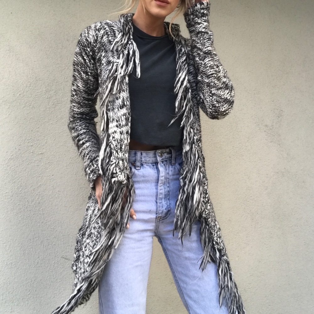 Free People Black And White Fringe Knit Cardigan